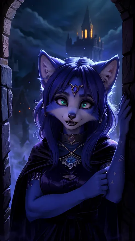 ((krystal)), Star Fox-Krystal, lovable,   green eyes, (((  long blue hair 1 .3))), Decollete, anthro, blurred,  detailed Fluffys fell,   detailed face  , (Fluffy),   1 girl, ,woman, Goth,   green eyes, Undercut,   ultra-realistic 8K-CG   ,   masterpiece , ...