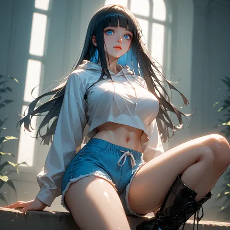 (( black hair))、(Light blue inner hair ),  best quality、 (  professional lighting without shadows  )、  surreal, (Nipples:0.4),  is fascinating、 figure like a slender supermodel、 one girl ,, ( big breasts, Belly button exposed), ( flat at honny,  beautiful ...