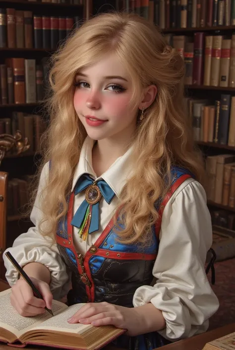 an ordinary  old  in the 1700s era. curly blonde hair, blue eyes. she's not beautiful. she is a simple magic girl. similar to nicholas coughan. She have outfit for a Girl dress in the renaissance, as she writing her book, with rainbow coming out of the boo...