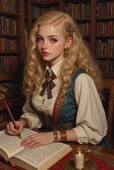 an ordinary  old  in the 1700s era. curly blonde hair, blue eyes. she's not beautiful. she is a simple magic girl. similar to nicholas coughan. She have outfit for a Girl dress in the renaissance, as she writing her book, with rainbow coming out of the boo...