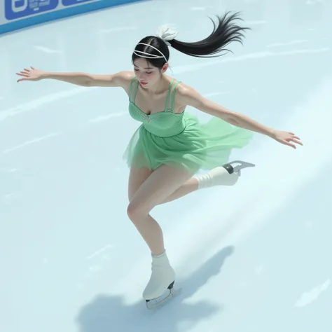  Japanese woman、 ponytail、 white ribbon、 headband、 Figure Skating 、薄い緑色の Figure Skating の衣装、 miniskirt、underwear、 The dynamic feeling of sliding on ice