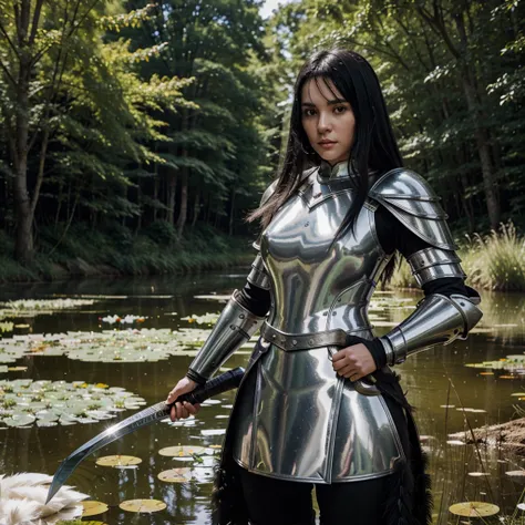 A white-skinned, black-haired woman wearing armor made of swan feathers holding a scimitar in a forest with a pond