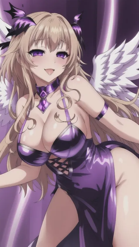   erotic、 long blonde、Black Fallen Angel Wings 、Big Breasts, Alone,white and purple long dress、 cleavage, Purple Wicked Background 、  best quality,  detailed face,  detailed eyes ,  high resolution,smile、 Dye Your Cheeks Red、 sexy pose、lure、Estrus、Open you...