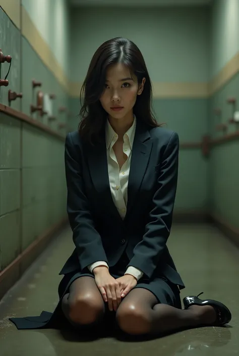 masterpiece, 8k, Photorealistic, beautiful Japanese mature woman, (40 years old:1.7), beautiful office worker, detailed face, business suits, pencil skirt, pantyhose, sitting on the floor, torture chamber, bokeh, from below