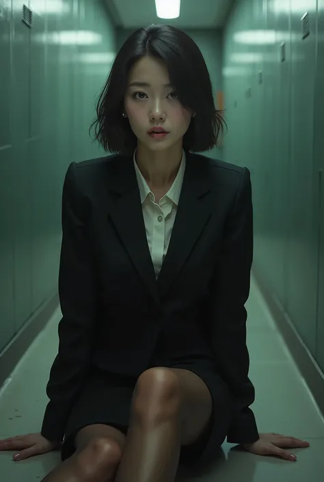 masterpiece, 8k, Photorealistic, beautiful Japanese mature woman, (40 years old:1.7), beautiful office worker, detailed face, business suits, pencil skirt, pantyhose, sitting on the floor, torture room, bokeh, from below