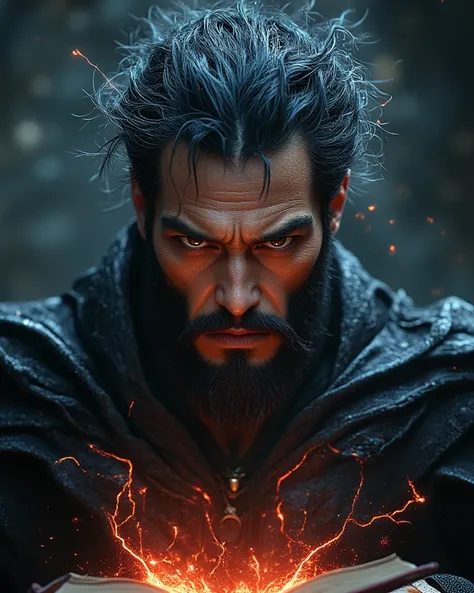 Warlock, tall, average athletic body, messy short black grey hair, inteligent and serious brown eyes, lovely masculine and determined face, black grey facial hair, black clothes, cca 45 years old, using dark magic, High Resolution, Masterpiece, Anatomicall...