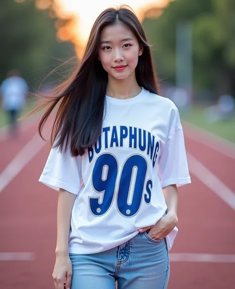  Best mobile phone wallpaper Award-winning wallpaper portrait photography Front view is portrait, whole photo ,  Southwest Asian girl with round face ,Age 25 years,  Bright Dark Blue Graphic Print White Football Sports Shirt, "Butaphuang 90s," , Wear expen...