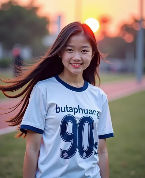  Best mobile phone wallpaper Award-winning wallpaper portrait photography Front view is portrait, whole photo ,  Southwest Asian girl with round face ,Age 25 years,  Bright Dark Blue Graphic Print White Football Sports Shirt, "Butaphuang 90s," , Wear expen...