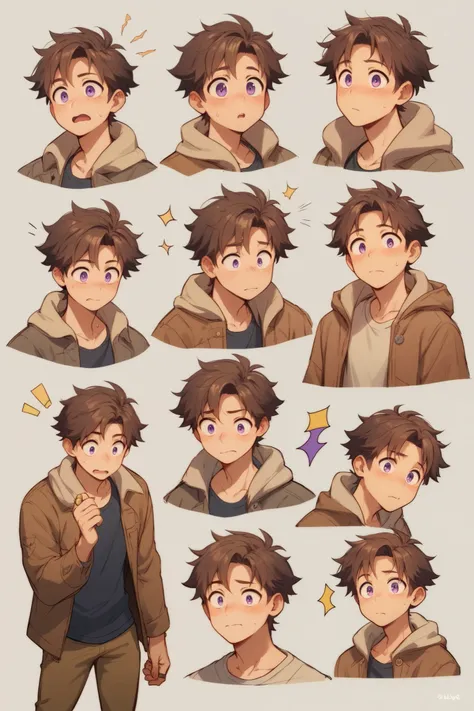 Brown haired boy, with purple eyes with a yellow ring, A humble brown jacket, and dark-colored pants, Different positions,Different expressions, that all the expressions around the character, as if it were a sketch, Expressions: Happiness, surprise, blush ...