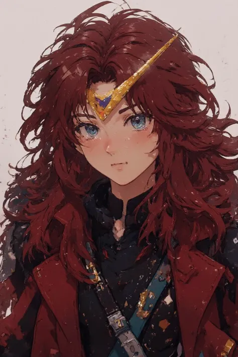 Neutral appearance,  dark red long curly hair, Hair turned to the right, Blue eyes, Freckles around the eyes, A fluffy red coat over a black sweater, Gundam's yellow V-shaped blade antenna on the forehead