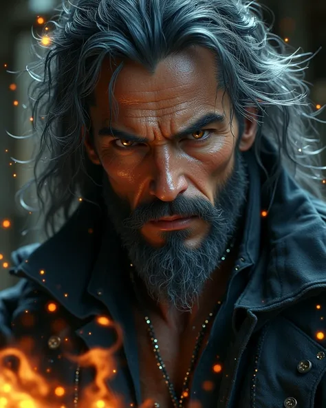 Warlock, tall, average athletic body, messy black grey hair, inteligent and serious brown eyes, lovely masculine and determined face, black grey facial hair, black clothes, cca 45 years old, using dark magic, High Resolution, Masterpiece, Anatomically Corr...