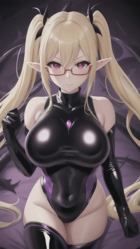   erotic、Elf、 Blonde Long Twin Tails、Glasses、Big Breasts, Alone,  black latex competitive swimsuit　Hydra Suit,  Purple Wicked Background , red eyes、  best quality,  detailed face,  detailed eyes ,  high resolution,、 Evil Evil Female Executive、 、 sexy pose、...