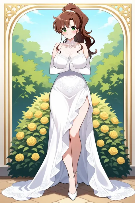 obra maestra, mejor calidad, 1 girl, LONg hair, Brown hair, ponytail hairstyle, Kino Makoto, hair accessory, Large boobs, wide hips, Looking at viewer, Blush face, GReen eyes, full bODY, SMILE, white bride dress, long gloves, white lace gloves, white high ...