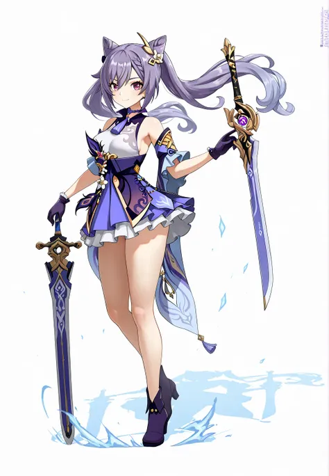 1girl, keqing_(genshin_impact), weapon, sword, twintails, cone_hair_bun, breasts, purple_hair, solo, full_body, dress, hair_bun, bare_shoulders, purple_eyes, smile, holding_weapon, artist_name, holding_sword, looking_at_viewer, medium_breasts, (masterpiece...