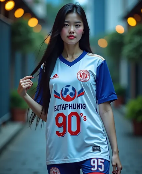  Best mobile phone wallpaper Award-winning wallpaper portrait photography Front view is portrait, whole photo ,  Southwest Asian girl with round face ,Age 25 years,  Bright Dark Blue Graphic Print White Football Sports Shirt, "Butaphuang 90s," , Wear expen...