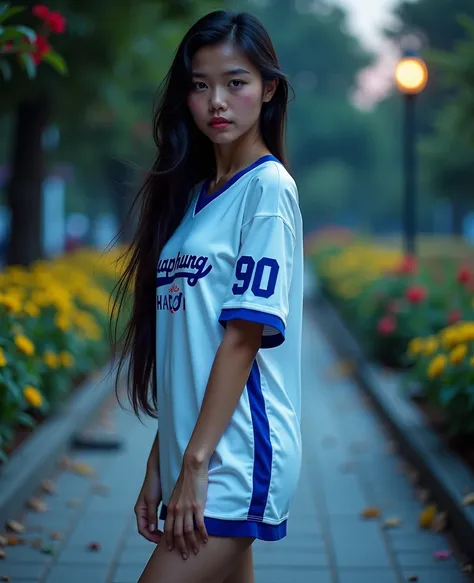  Best mobile phone wallpaper Award-winning wallpaper portrait photography Front view is portrait, whole photo ,  Southwest Asian girl with round face ,Age 25 years,  Bright Dark Blue Graphic Print White Football Sports Shirt, "Butaphuang 90s," , Wear expen...