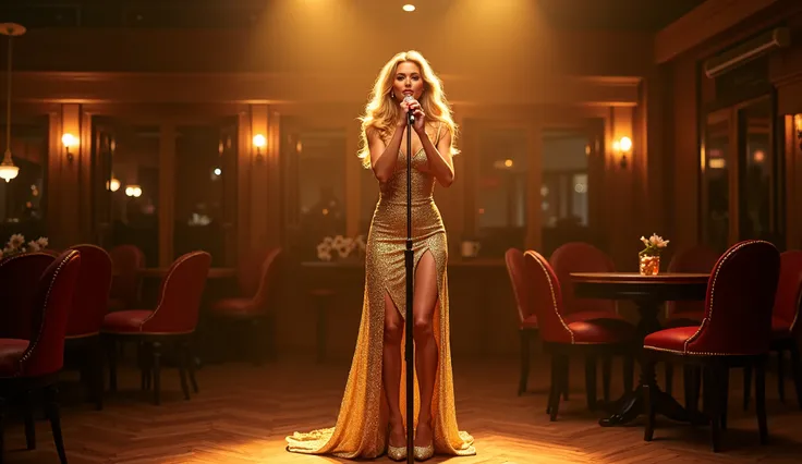 Jerry Hall, in a golden dress with a slit, cleavage,  stockings, shoes, sings on stage in a cafe