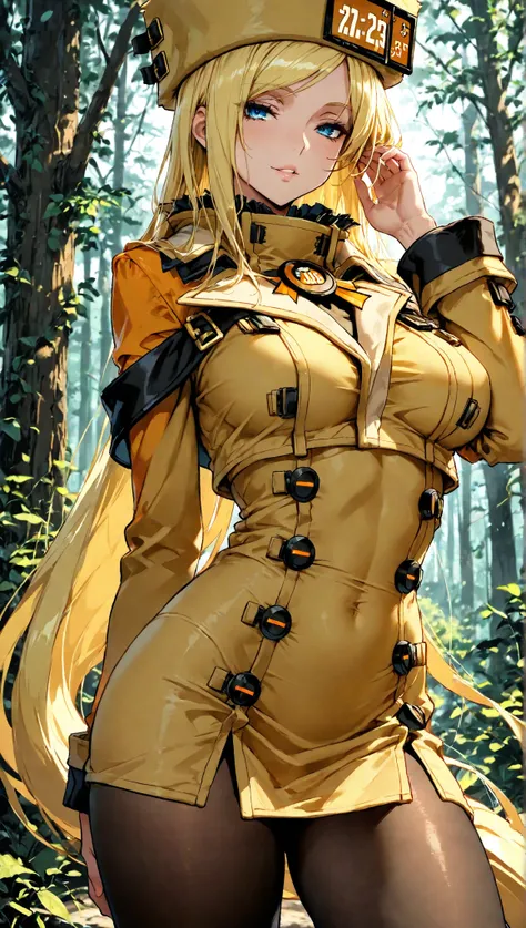 1girl, millia rage , guilty gear,cowboy shot, forest, hand on ear,medium large breasts, parted lips,seductive smile, town pantyhose, ,, masterpiece, best quality, amazing quality, detailed background, intricate details