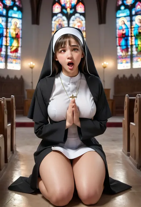 adolescent nun, oppai, large breasts, kneeling and praying in a church, ahegao facial expression with tongue out, best quality, 4k, 8k, highres, masterpiece:1.2, ultra-detailed, realistic, photorealistic, photo-realistic:1.37, HDR, UHD, studio lighting, ul...