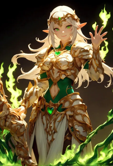 1 Blood Elf Paladin , female, waving white hair , green burning eyes,  ornate armor ,  plate armor Heart-shaped cutout, detailed armor , Something sexy ,  looks at the camera, smiles slightly, HD,  detailed face , a perfect figure, detailed figure,  perfec...