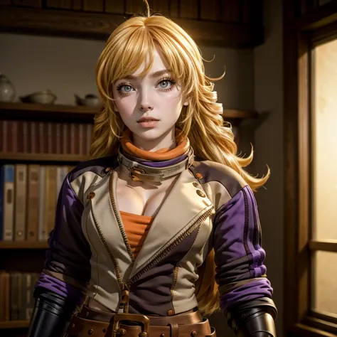 yangxiaolong, yang xiao long, long hair, blonde hair, (purple eyes:1.3), ahoge, bangs, BREAK cleavage, jacket, black pants, belt, mechanical arms, single mechanical arm, prosthesis, prosthetic arm, smile, BREAK indoors, standing in library, BREAK looking a...