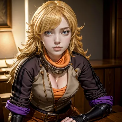 yangxiaolong, yang xiao long, long hair, blonde hair, (purple eyes:1.3), ahoge, bangs, BREAK cleavage, jacket, black pants, belt, mechanical arms, single mechanical arm, prosthesis, prosthetic arm, smile, BREAK indoors, standing in library, BREAK looking a...