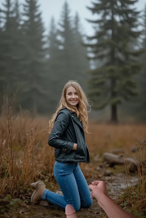   Little German schoolgirl with blond hair and slim body and blue eyes kneels in the middle of a forest. His sperm squirts in her face . She looks at his penis She is wearing blue jeans and a jacket.  Bad weather ,rain, windy, dark photo gray sky,  no sun ...