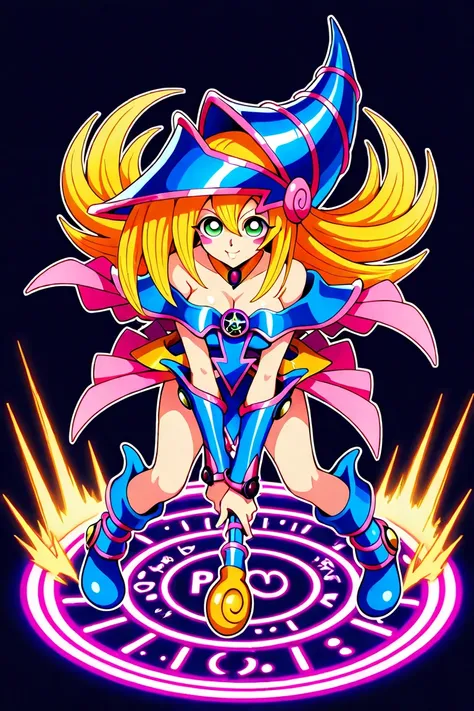 1 chica dark magician girls, twin pigtails, Black background,colorful,vibrant, shiny outline ,neon,Blacklight,any pose, dynamic, Behavior