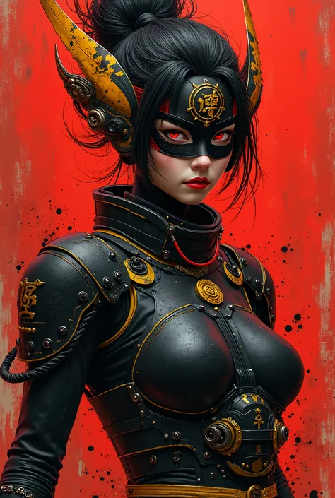 The image depicts an intense, visually striking character. The figure has a fierce expression, with deep-set eyes and a mask adorned with symbols and characters. The figure is dressed in a mix of futuristic and traditional Japanese elements, including a pr...