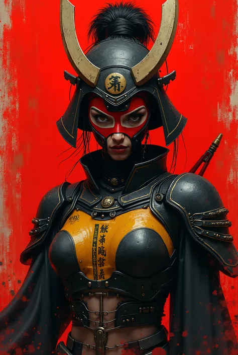 The image depicts an intense, visually striking character. The figure has a fierce expression, with deep-set eyes and a mask adorned with symbols and characters. The figure is dressed in a mix of futuristic and traditional Japanese elements, including a pr...