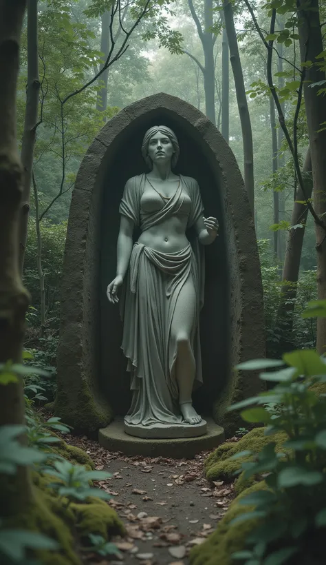 First person perspective, you find a mysterious mirror deep in the forest, and a beautiful stone statue of a woman is reflected in the mirror. There is no cursed statue to begin with, you are the one who is cursed to become the statue. Create a work of art...