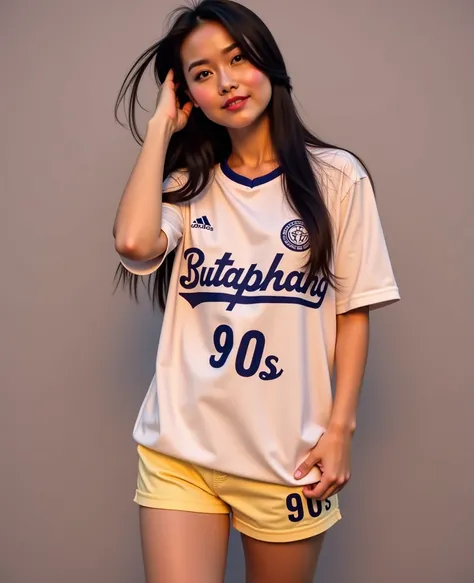  Best mobile phone wallpaper Award-winning wallpaper portrait photography Front view is portrait, whole photo ,  Southwest Asian girl with round face ,Age 25 years,  Bright Dark Blue Graphic Print White Football Sports Shirt, "Butaphuang 90s," , Wear expen...