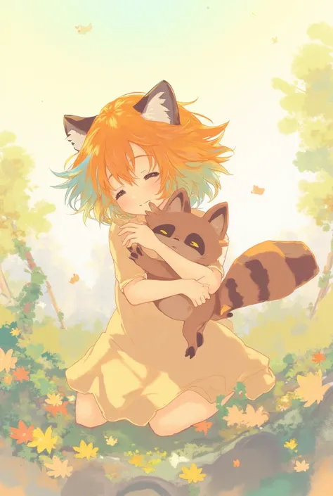 anime girl with short hair and Orange, sky blue, green and yellow color and fox ears hugging a raccon