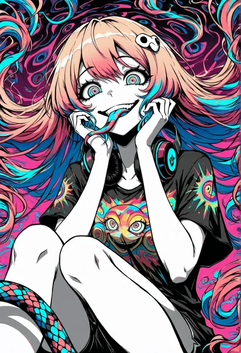 (masterpiece, best quality:1.2), 1 girl, unique, DonMM3l4nch0l1cP5ych0XL, colourful, pink, blue, black, red, trippy, snake eyes, psychotic, psychedelic, losing my mind, street wear, ripped print shirt, headphones around neck, no face, low angle, hands on c...