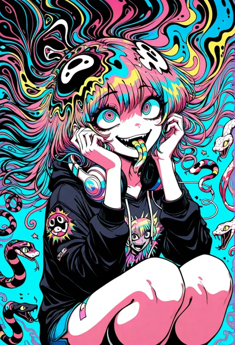 (masterpiece, best quality:1.2), 1 girl, unique, DonMM3l4nch0l1cP5ych0XL, colourful, pink, blue, black, red, trippy, snake eyes, psychotic, psychedelic, losing my mind, street wear, ripped print shirt, headphones around neck, no face, low angle, hands on c...