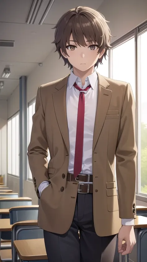 sakutaazusagawa, sakuta azusagawa, short hair, brown hair, (brown eyes:1.5), male focus,
BREAK shirt, long sleeves, school uniform, jacket, white shirt, open clothes, necktie, belt, pants, blazer, red necktie, brown jacket,
BREAK indoors, classroom,
BREAK ...