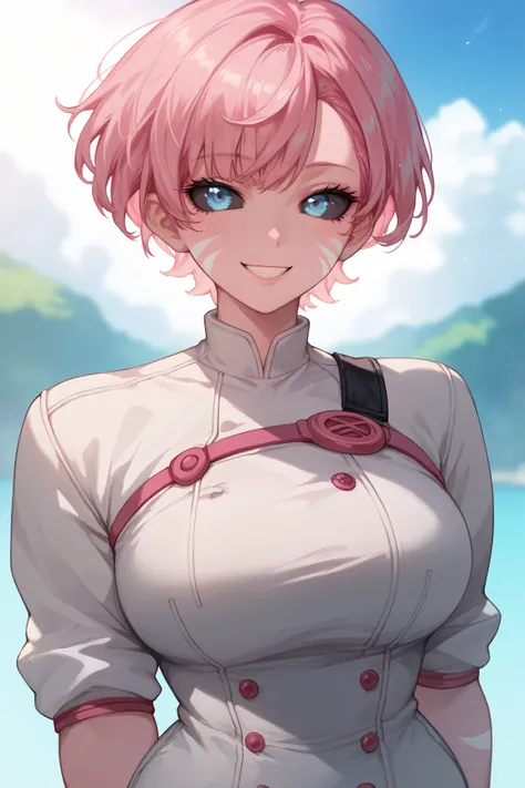 Mature Woman, pink skin, short hair,pink hair,blue eyes, black sclera, white stripes under the eyes,white jumpsuit, anime style, best quality, smiling,Bangs