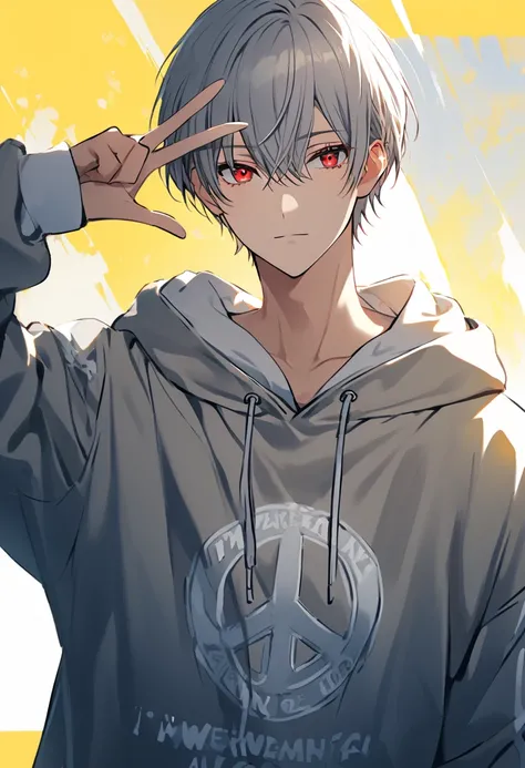  white chrome hearts hoodie,I'm wearing a hoodie hood, handsome, Alone, 1 male, Gray Hair,  red eyes,noon,  white light, cute eyes , Short Hairstyle , looking at camera,Making a peace sign,yellow background ,painted background 