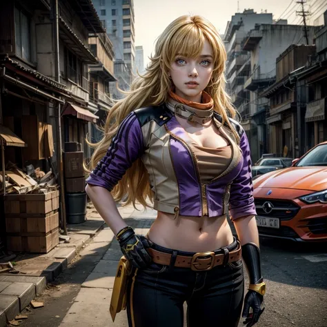 yangxiaolong, yang xiao long, long hair, blonde hair, (purple eyes:1.3), ahoge, bangs, BREAK cleavage, jacket, black pants, belt, mechanical arms, single mechanical arm, prosthesis, prosthetic arm, smile, BREAK outdoors, standing in post apocalyptic street...