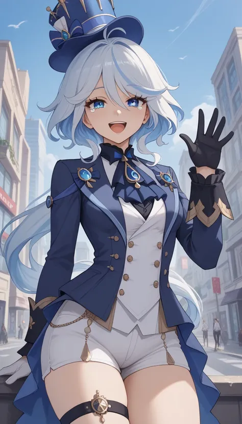 Sciamano240 style, young woman, perky breasts, wide hips, slim body, thin body, slender, urinadef, ahoge, blue headwear, top hat, jacket, ascot, brooch, long sleeves, black gloves, white gloves, white shorts, thigh strap, tear shaped eyes, heterochromia, b...