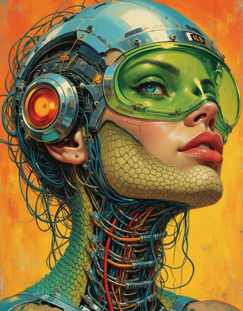 a female face, She has a lizard skin,  With a futuristic helmet with green visor , ,  without a neck it is cybernetic with wires and connections,  inspired by j.c leyendecker.
 