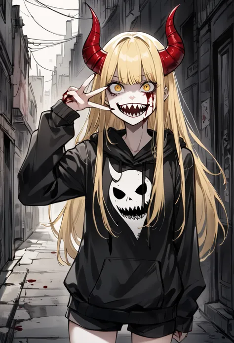 Highest quality, Delicately painted face, ((The textures are soft)), ((matte and toy-like with a handmade premium look)), street, ((Tim Burton style)), Chainsaw-man, solo, 1girl, Power, blood devil, yellow eyes, blonde, long straight hair, red horns, sharp...