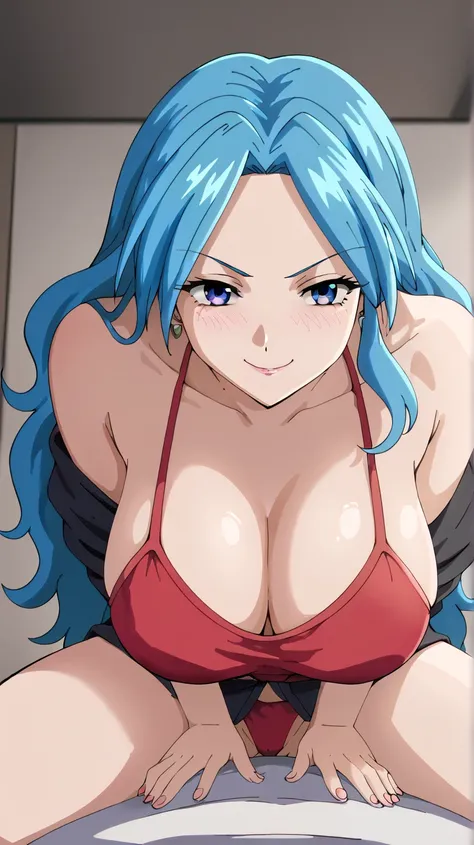 ageha kurono, long hair, blue hair, purple eyes, wavy hair, parted bangs, mature woman, huge breasts, hips, seductive gaze, slightly seductive smile, seductive expression, half-closed eyes, looking at viewer, good morning bro, good morning bro! (meme), goo...