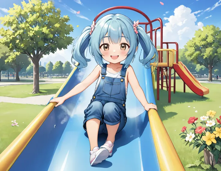 girl love playing on the slide.  light blue long hair、 twin-tailed little characters 、Denim jumpsuit、 they are smiling and playing on the park's long slide、blue sky、A beautiful park with flowers 、There are lots of s playing in the park 