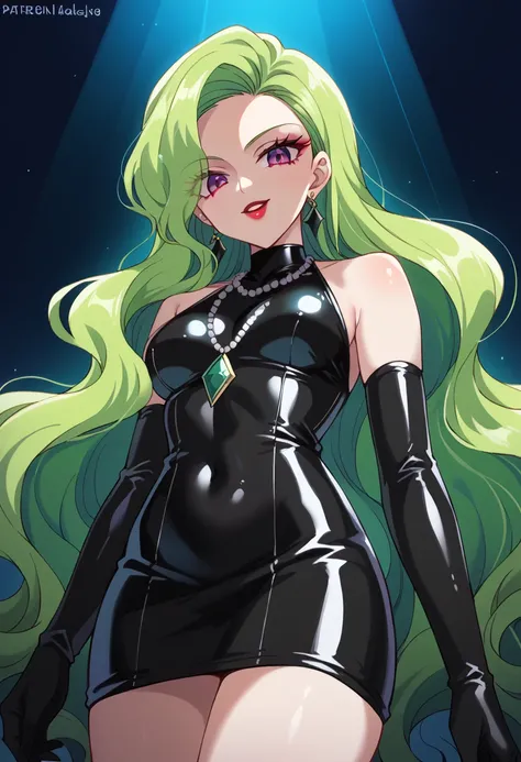 1 Girl, cute face, green hair, very long hair, wavy hair, latex alone, gloves, red lipstick, makeup, elbow-length gloves, eye shadow, bare shoulders,shiny  latex black dress, gem necklace,gigant amethyst earrings, black mist background,very evil laugh out ...