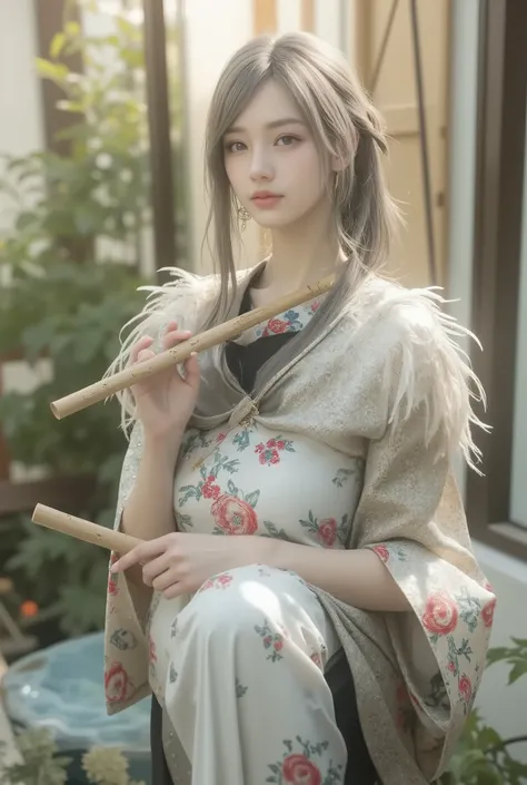 ancient style, Spring Garden, Outdoors, Gray Hair, Hanfu, nature, There's a pond in the courtyard , Begonia floating in a pond, girl sitting on a bench in the hallway , is wearing a clear feather robe, Holding a bamboo flute, random positions, complic...
