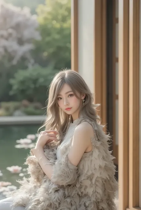 ancient style, Spring Garden, Outdoors, Gray Hair, Hanfu, nature, There's a pond in the courtyard , Begonia floating in a pond, girl sitting on a bench in the hallway , is wearing a clear feather robe, Holding a bamboo flute, random positions, complic...