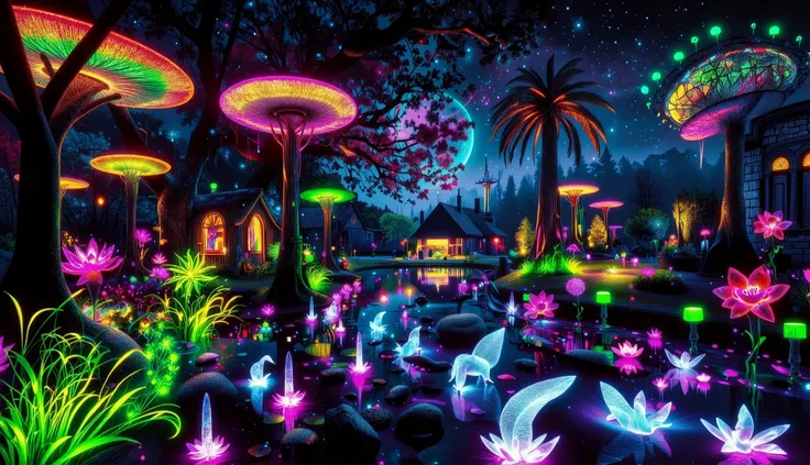 A mystical nighttime alien garden, bathed in an ethereal glow, with peculiar, twisted trees boasting iridescent, luminescent canopies, amidst a tapestry of rare, bioluminescent flora, including radiant, fiber-optic-like grasses, surrounding a serene, cryst...