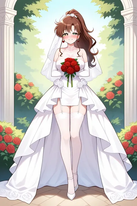 obra maestra, mejor calidad, 1 girl, LONg hair, Brown hair, ponytail hairstyle, Kino Makoto, hair accessory, Large boobs, Looking at viewer, Blush face, GReen eyes, mid bODY, SMILE, white bride dress, long gloves, white lace gloves, long stockings, white l...