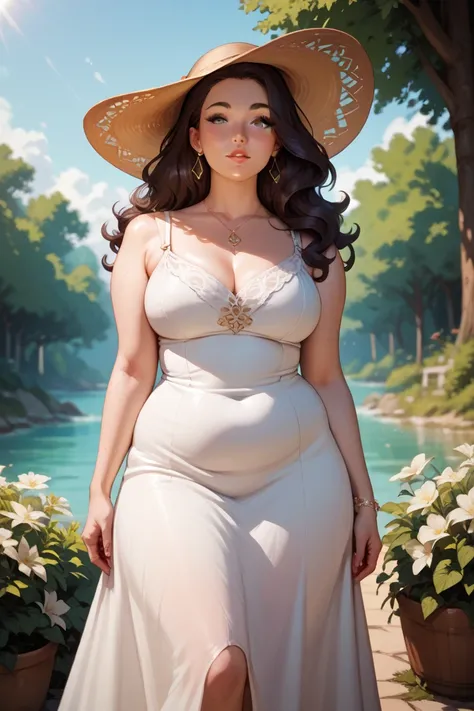 I need a short early 30s, chubby but fit woman with long flowing brunette hair wearing a long sun dress.